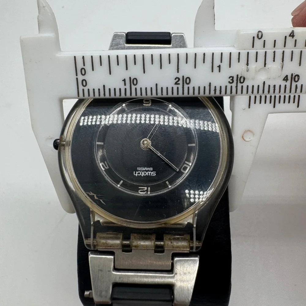 Swatch Skin 1999 Vintage Ultra Thin Watch Black Dial Silver Steel Rubber Strap‎